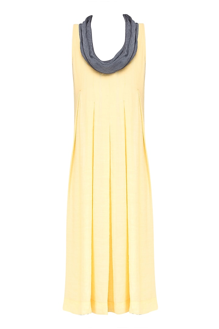 Yellow and Grey Box Pleated Knee Length Dress by Diksha Khanna