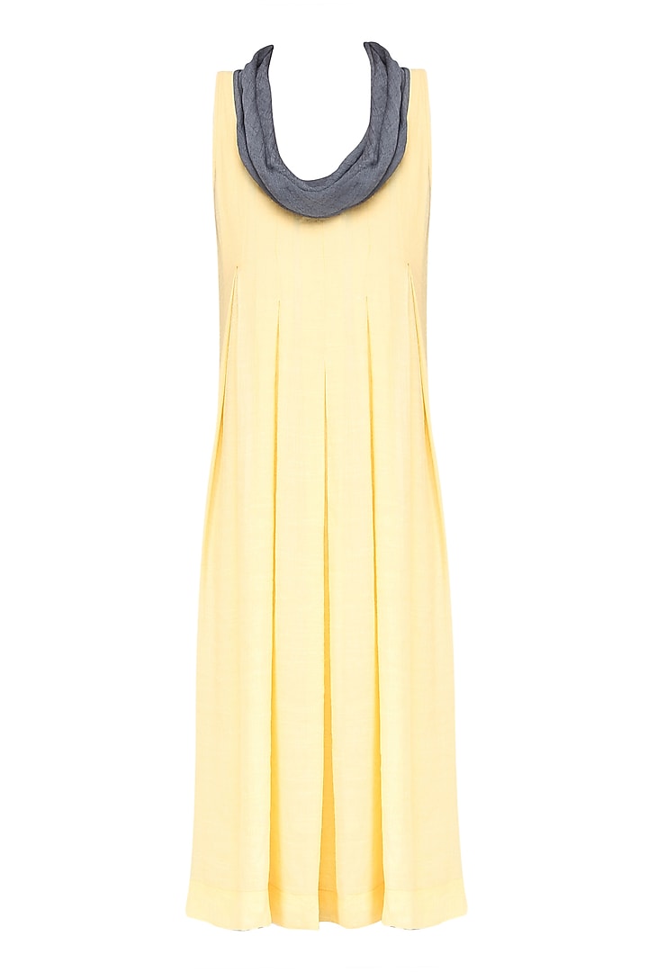 Yellow and grey box pleated knee length dress available only at Pernia's Pop Up Shop.