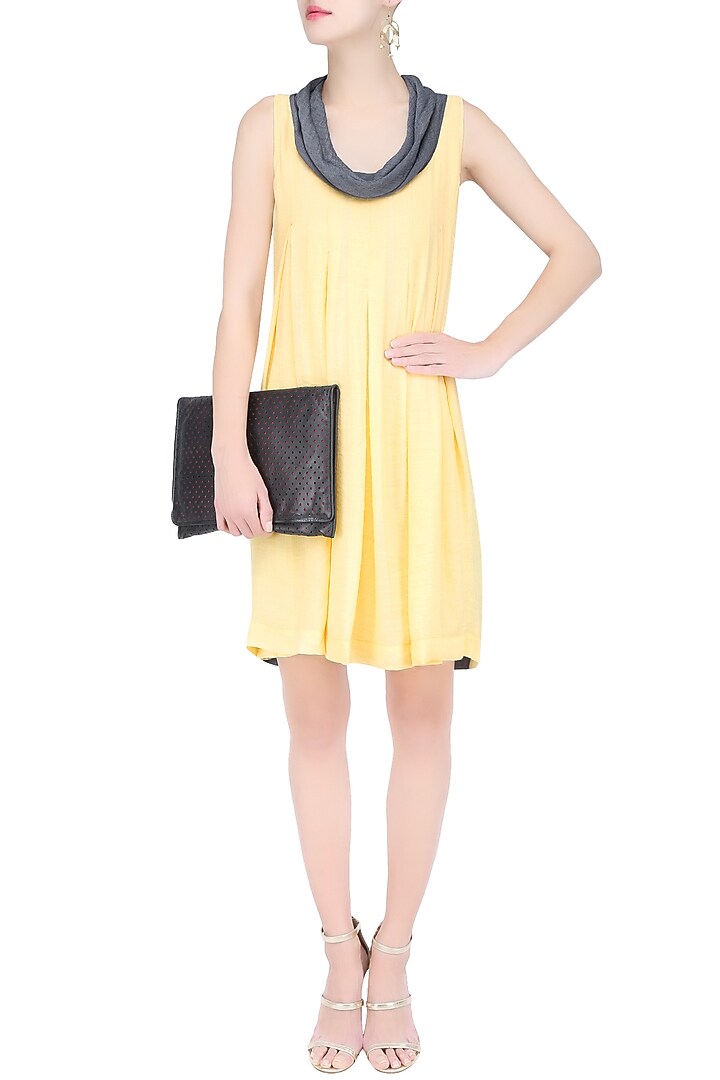 Yellow and grey box pleated knee length dress available only at Pernia's Pop Up Shop.