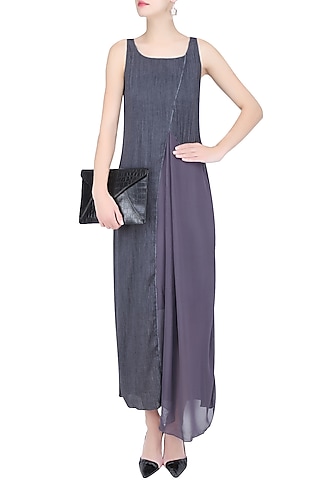 Grey Drape Panelled Long Maxi Dress by Diksha Khanna