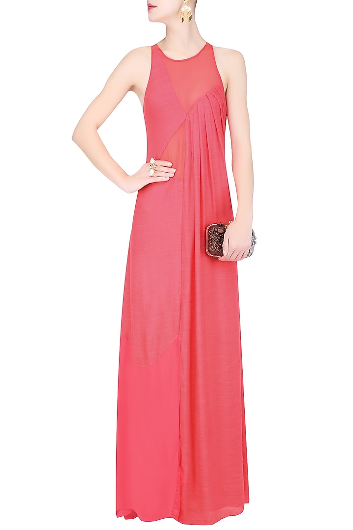 Coral sheer inserts and high slit maxi dress available only at Pernia's Pop Up Shop.