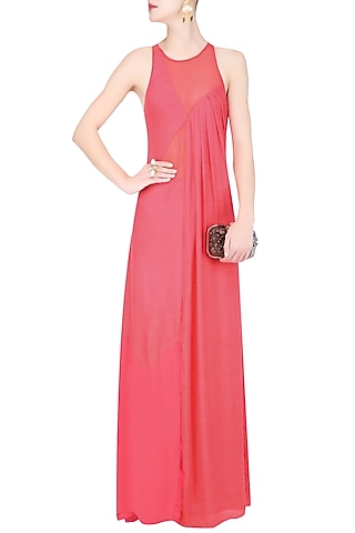 Coral Sheer Inserts and High Slit Maxi Dress by Diksha Khanna