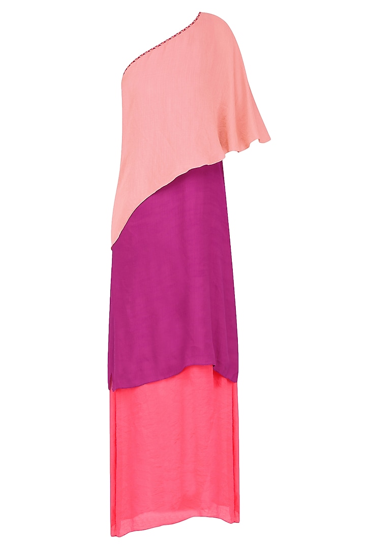 Peach, Wine and Coral Color Block One Shoulder Maxi Dress by Diksha Khanna