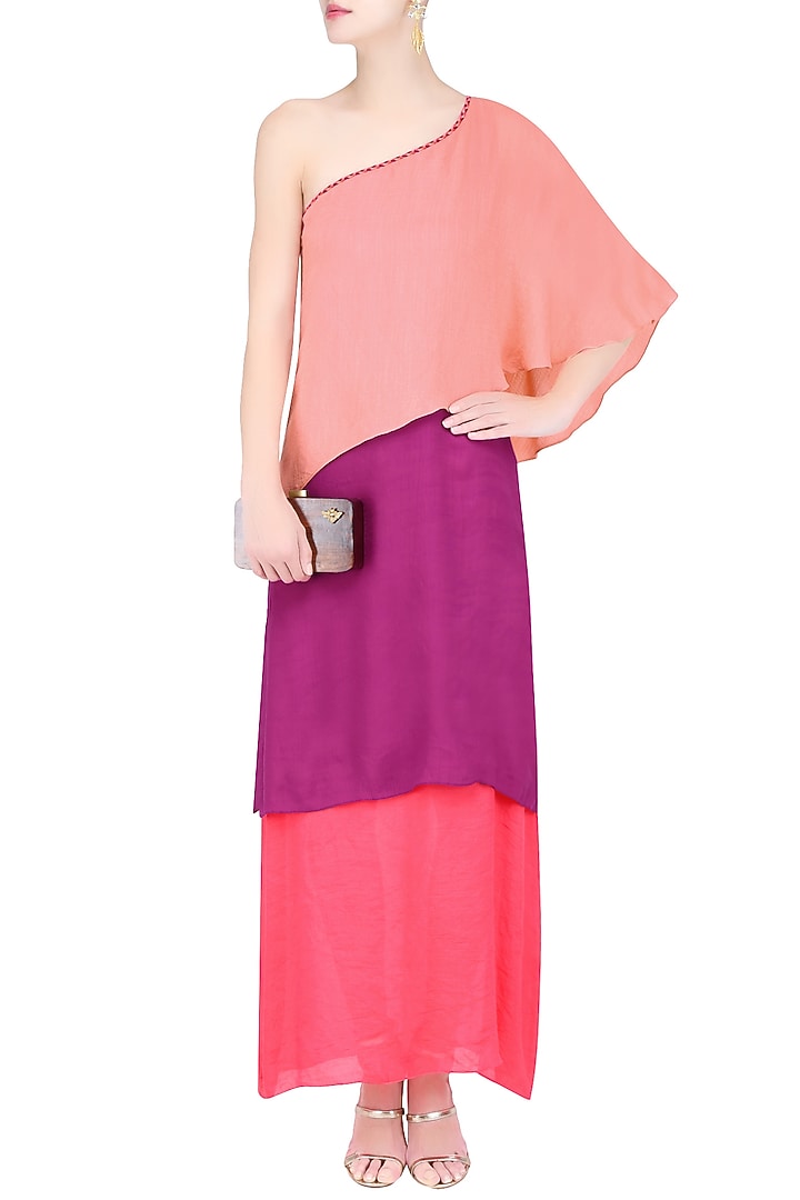 strapless open back dress Seema Thukral — Coral Pink One-Shoulder Kaftan – Fabilicious Fashion main image 1