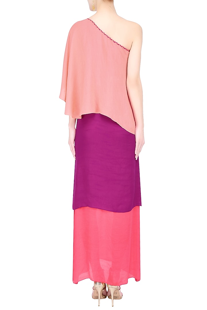 Peach, wine and coral color block one shoulder maxi dress available only at Pernia's Pop Up Shop.