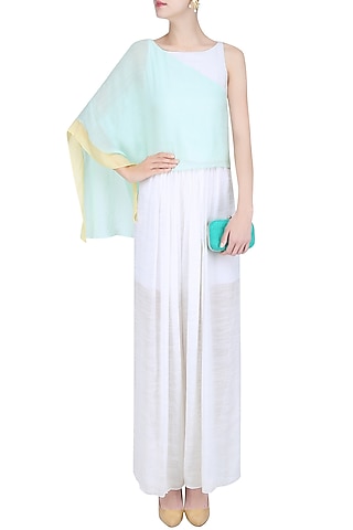 Mint Green and Ivory Extended One Shoulder Crop Top by Diksha Khanna