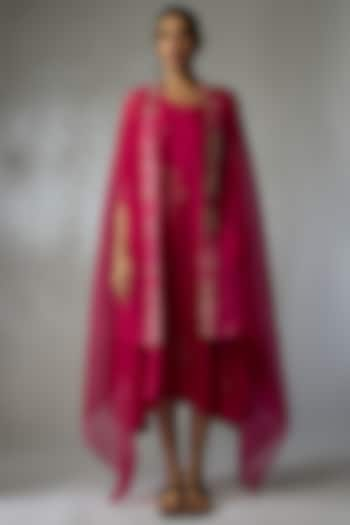 Fuchsia Mulberry Silk Bandhani Dress With Cape by Divyam Mehta at Pernia's Pop Up Shop