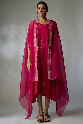Fuchsia Mulberry Silk Bandhani Dress With Cape by Divyam Mehta