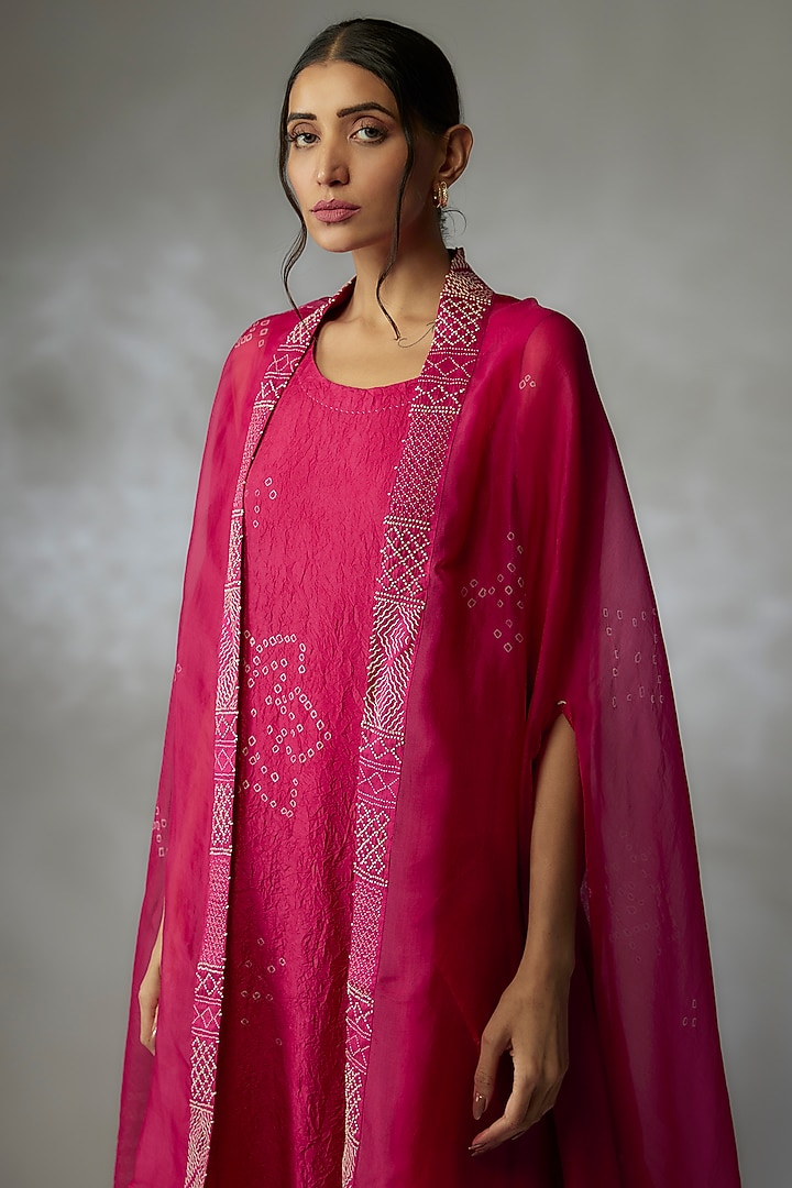 Fuchsia Mulberry Silk Bandhani Cocktail Dress With Cape by Divyam Mehta at Pernia's Pop Up Shop