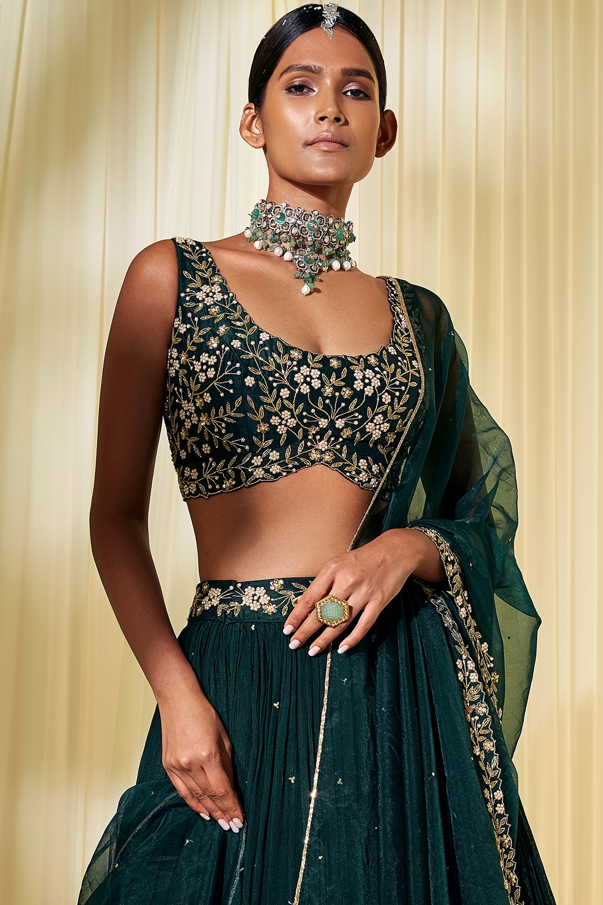 Buy Emerald Green Lehenga And Blouse Russian Jacquard & Bridal Set For  Women by Paulmi and Harsh Online at Aza Fashions.