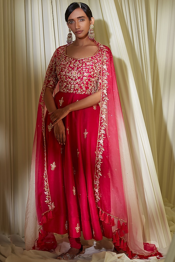 Hot Pink Embroidered Anarkali Set by DISHA MUCHHALA