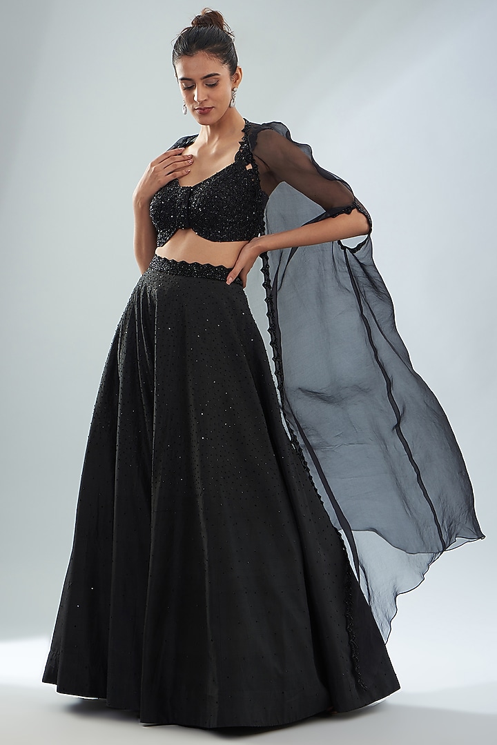 Black Organza Hand Embroidered Cape Set by Disha Patil at Pernia's Pop Up Shop
