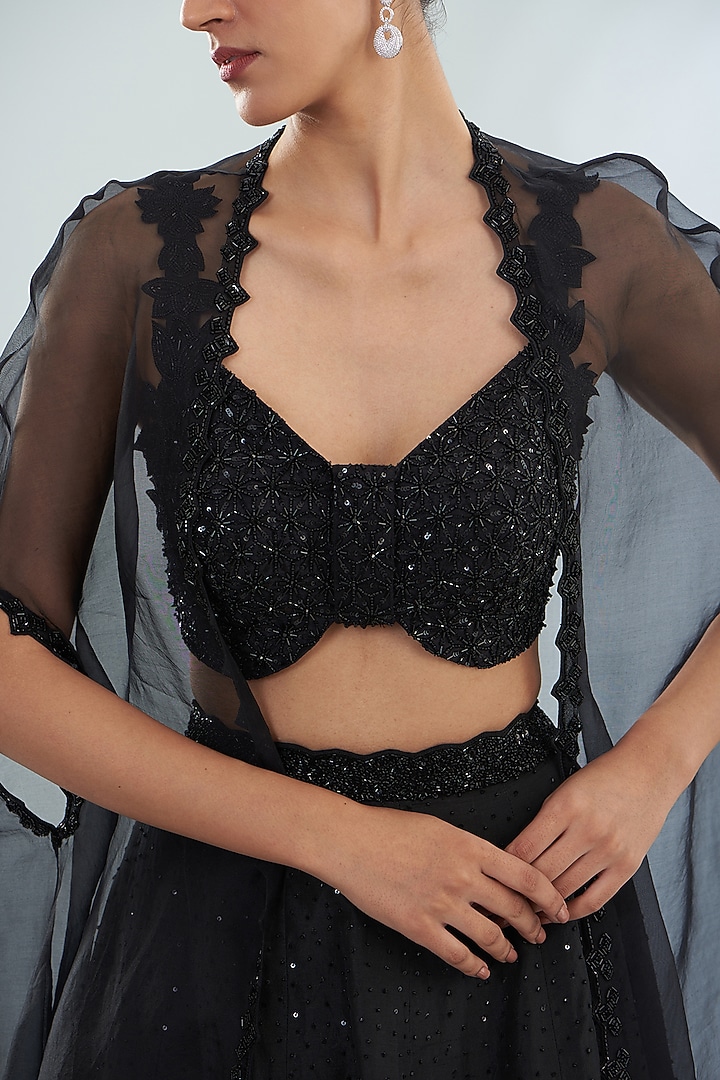 Black Organza Hand Embroidered Cape Set by Disha Patil at Pernia's Pop Up Shop