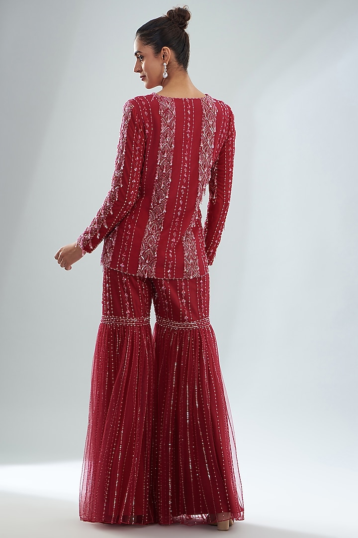 Red Cherry Crepe Embellished Jacket Set by Disha Patil at Pernia's Pop Up Shop