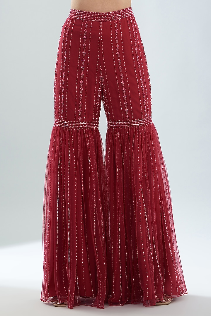 Red Cherry Crepe Embellished Jacket Set by Disha Patil at Pernia's Pop Up Shop
