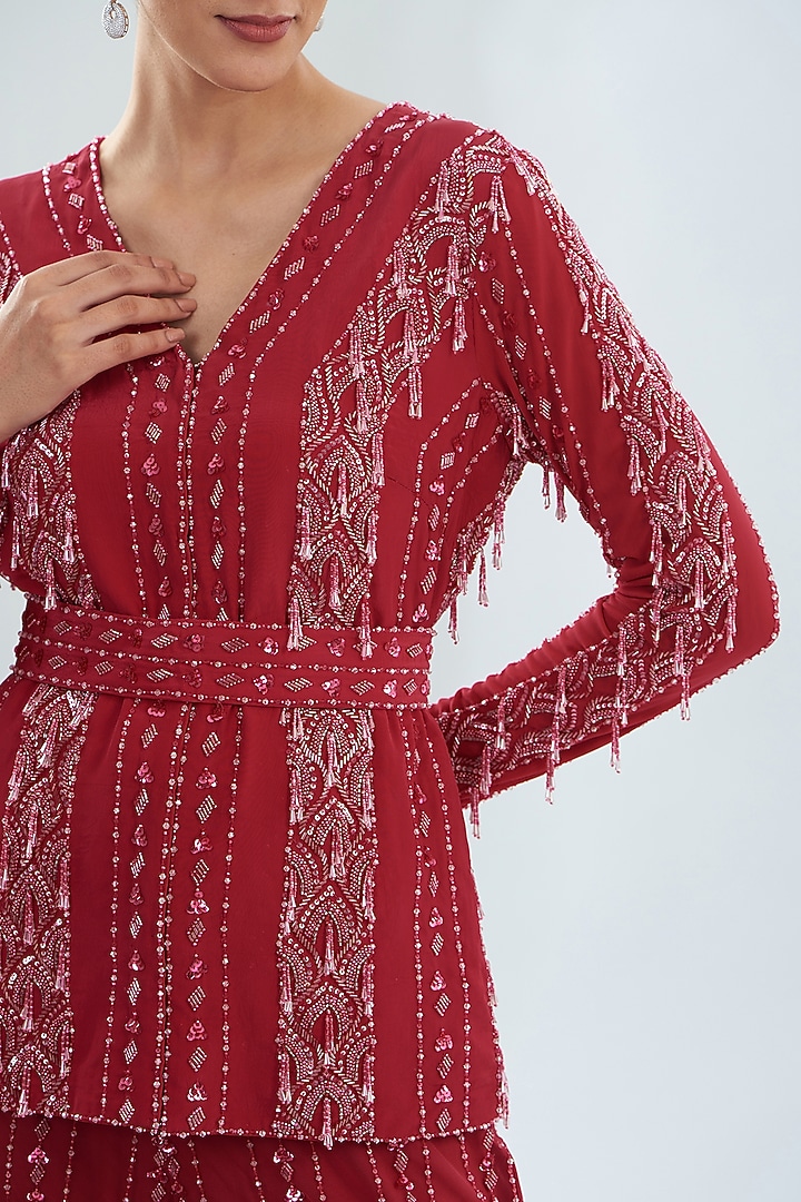 Red Cherry Crepe Embellished Jacket Set by Disha Patil at Pernia's Pop Up Shop