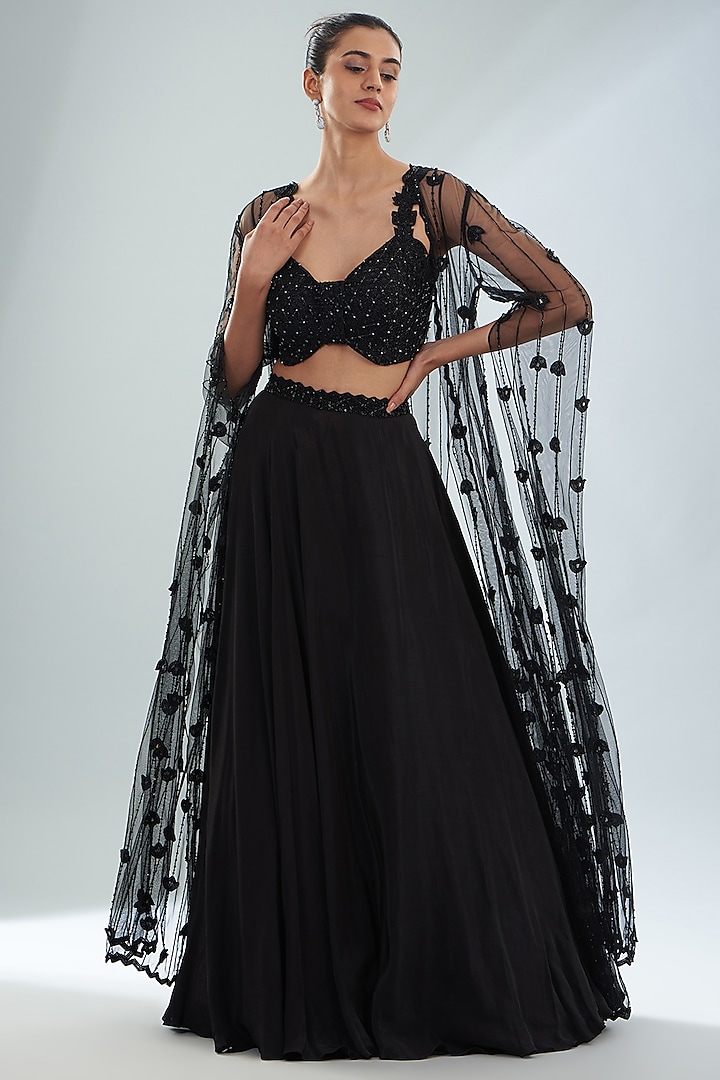 Black Net Embellished Jacket Set by Disha Patil at Pernia's Pop Up Shop