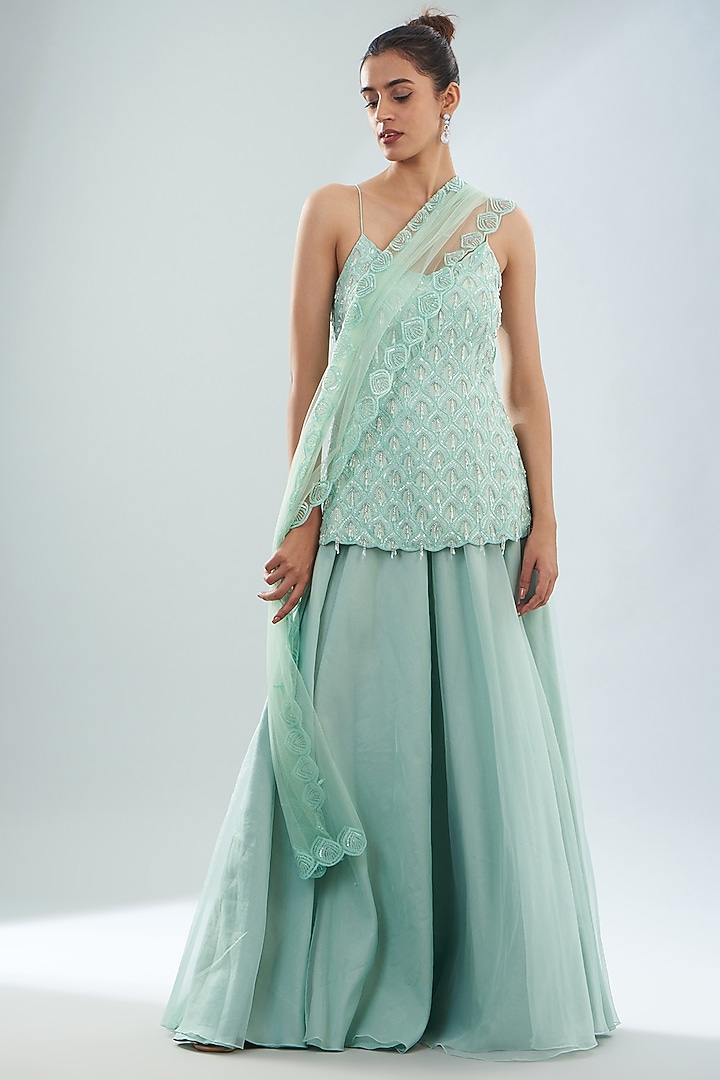 Jade Green Crepe Embellished Kurta Set by Disha Patil at Pernia's Pop Up Shop