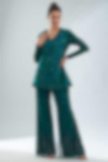 Emerald Green Crepe Embellished Short Jacket Set by Disha Patil at Pernia's Pop Up Shop