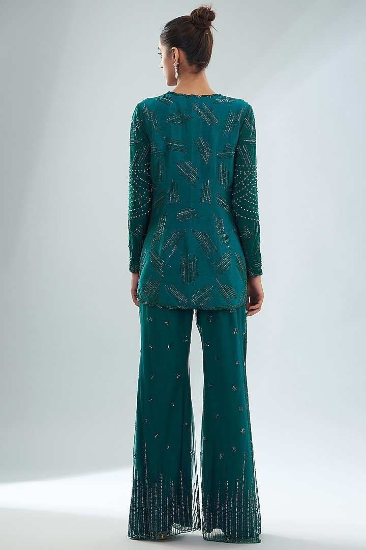 Emerald Green Crepe Embellished Short Jacket Set by Disha Patil at Pernia's Pop Up Shop