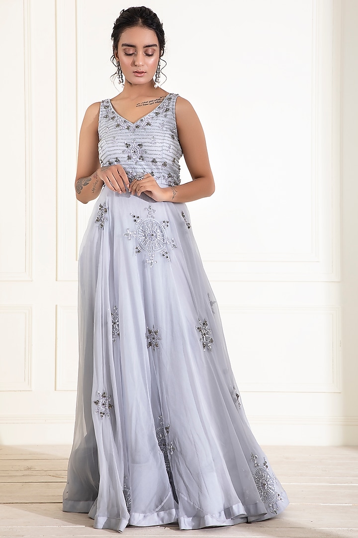 Greyish Blue Embroidered Gown by Label DIVYA JAIN