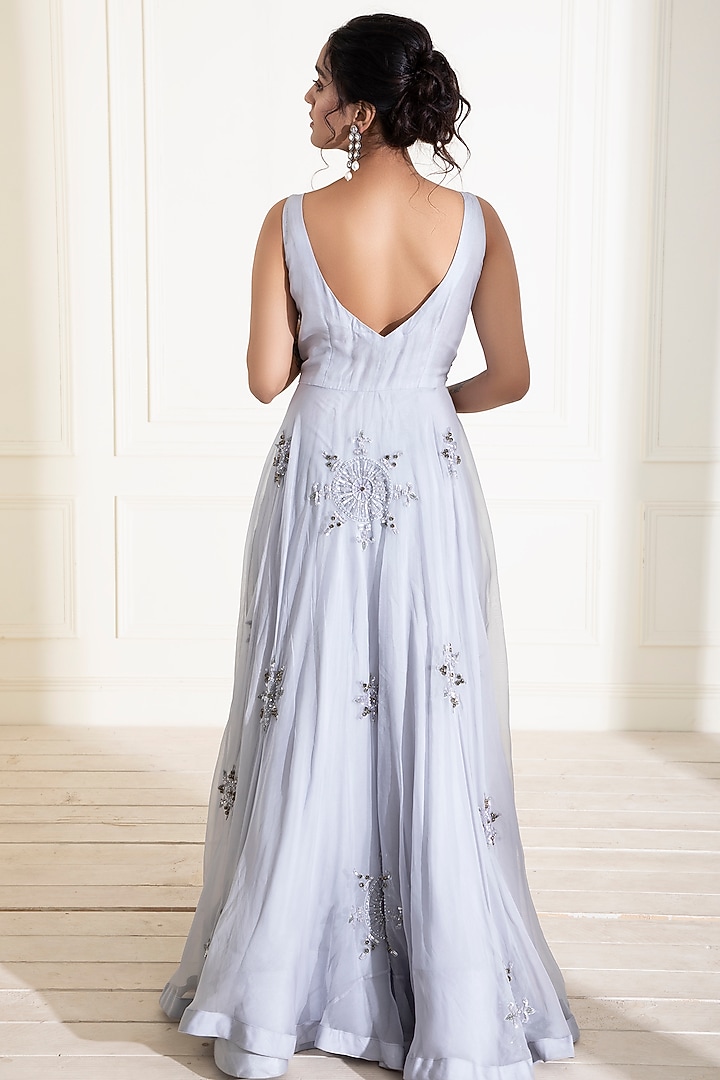 Greyish Blue Embroidered Engagement Gown by Label DIVYA JAIN at Pernia's Pop Up Shop