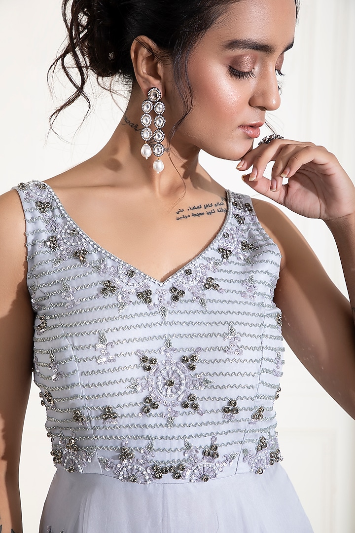 Greyish Blue Embroidered Engagement Gown by Label DIVYA JAIN at Pernia's Pop Up Shop