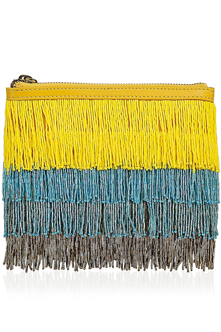 DIVANI presents Yellow, blue and grey cutdana fringes sling bag available only at Pernia's Pop Up Shop.