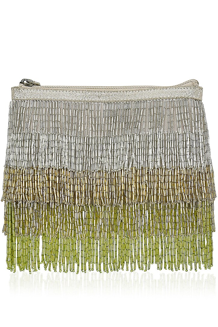 Silver and Green Ombre Cutdana Fringes Sling Bag by Diva'ni