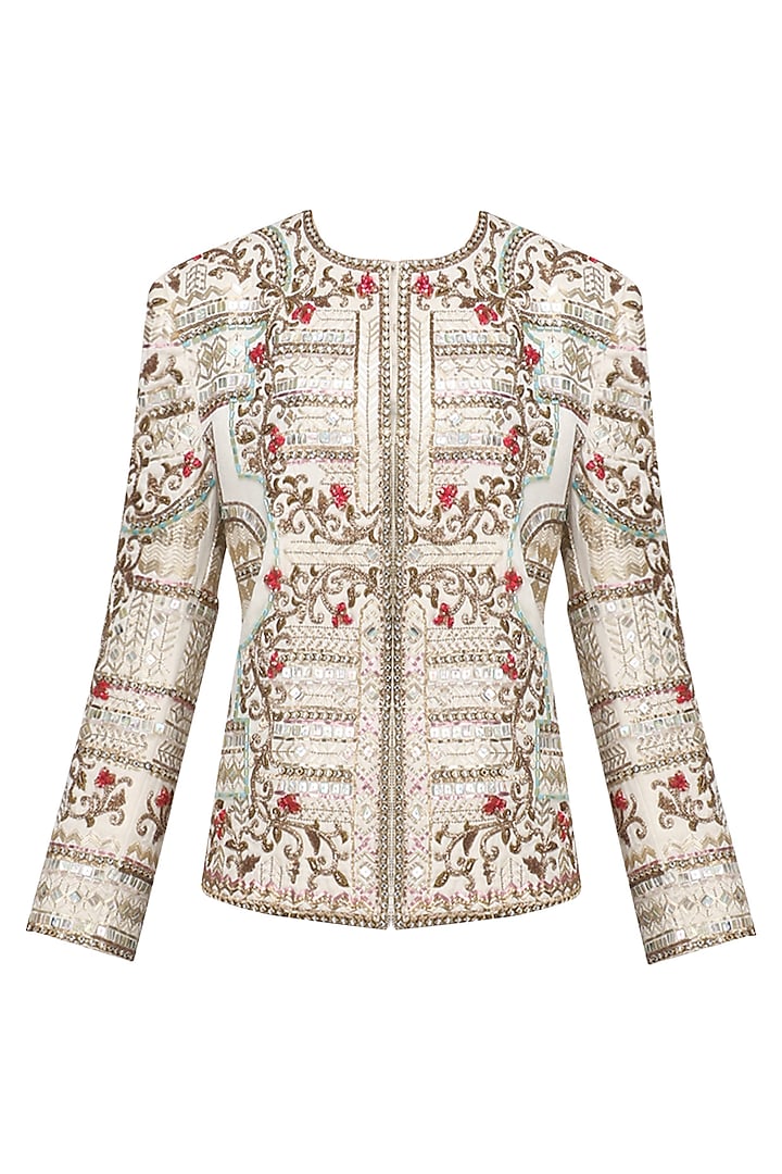 Ivory Zardozi Floral Embroidered Jacket by Diva'ni