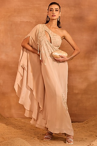Beige Georgette Embroidered One-Shoulder Kurta Set by Divya Aggarwal