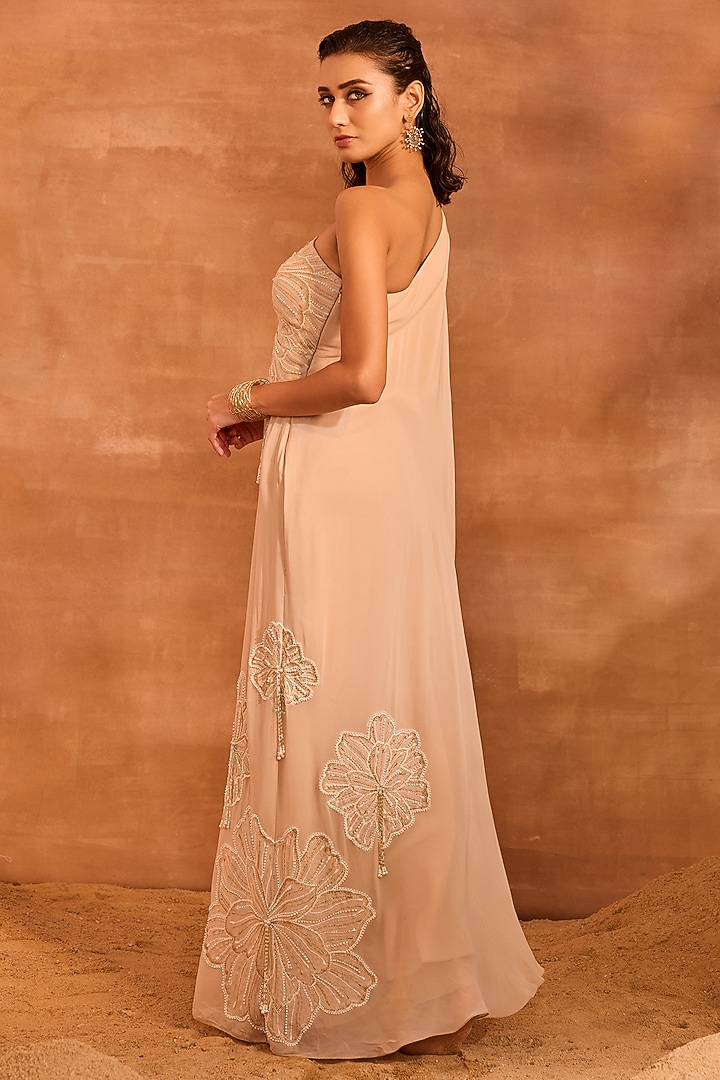 Beige Georgette Embroidered One-Shoulder Kurta Set by Divya Aggarwal at Pernia's Pop Up Shop