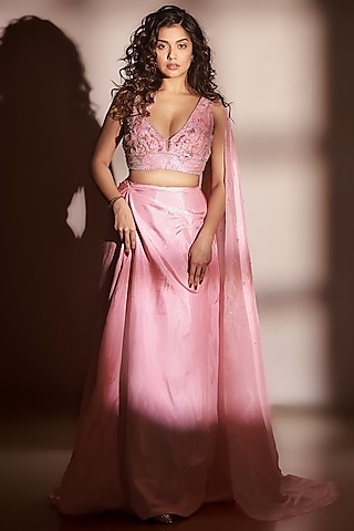 Flamingo Pink Silk Draped Skirt Set by BAYA BY RICHA