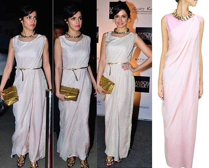 Blush pink embroidered jumpsuit with drape available only at Pernia's Pop-Up Shop.