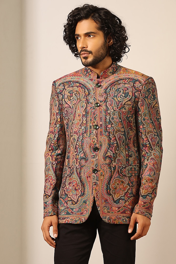 Multi-Colored Fine Wool Silk Bandhgala by Dusala Men