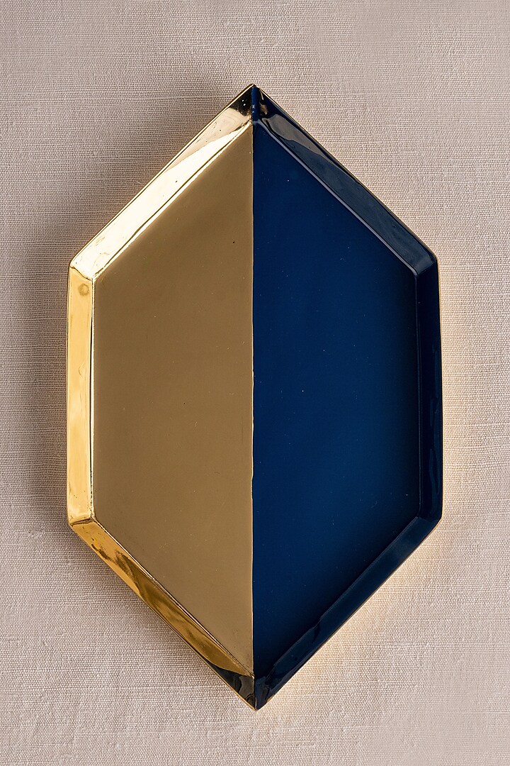 Cobalt Blue Brass & Enamel Shatkon Platter by Ikkis