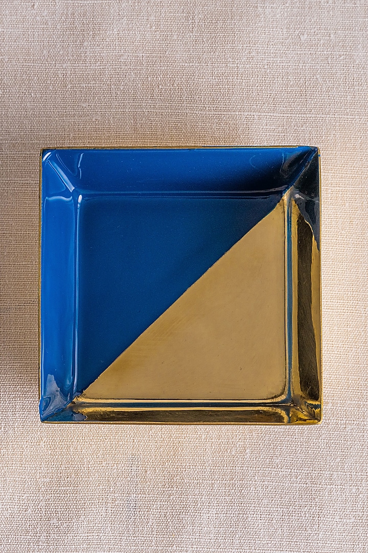 Cobalt Blue Brass & Enamel Square Bowl by Ikkis