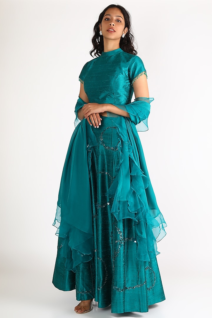 Turquoise Embroidered Lehenga Set by Diksha Tandon