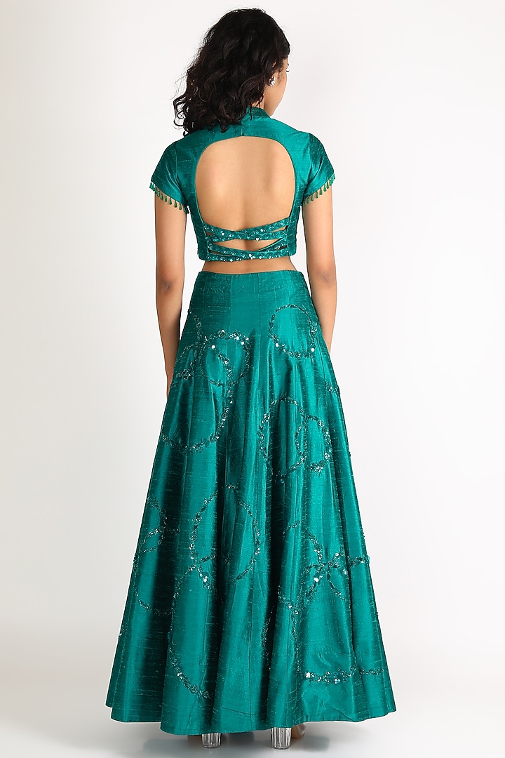 Turquoise Embroidered Wedding Lehenga Set by Diksha Tandon at Pernia's Pop Up Shop