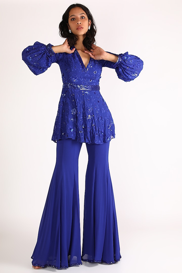 Cobalt Blue Embroidered Sharara Set by Diksha Tandon