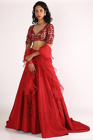 Red Embroidered Lehenga Set by Diksha Tandon