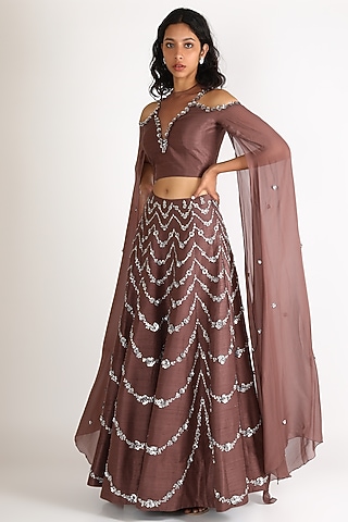 Brown Embroidered Lehenga With Blouse by Diksha Tandon