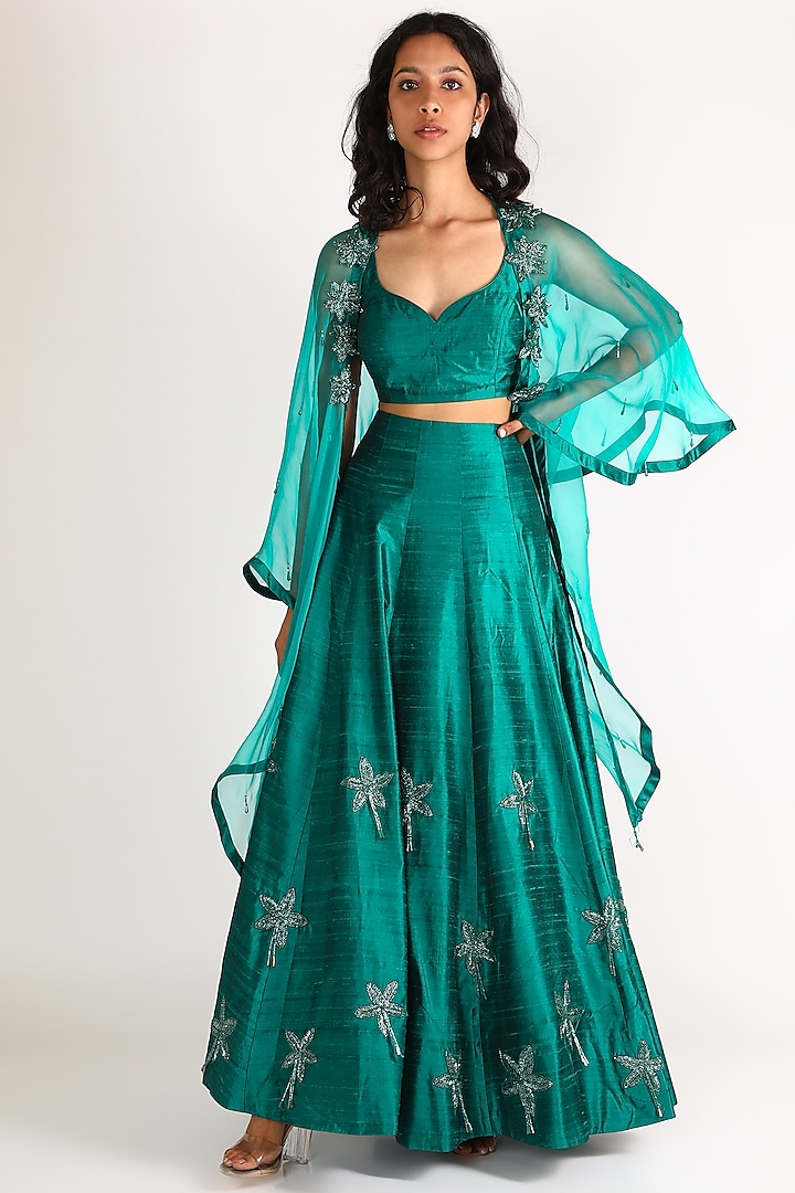 Turquoise Floral Embroidered Lehenga Set by Diksha Tandon