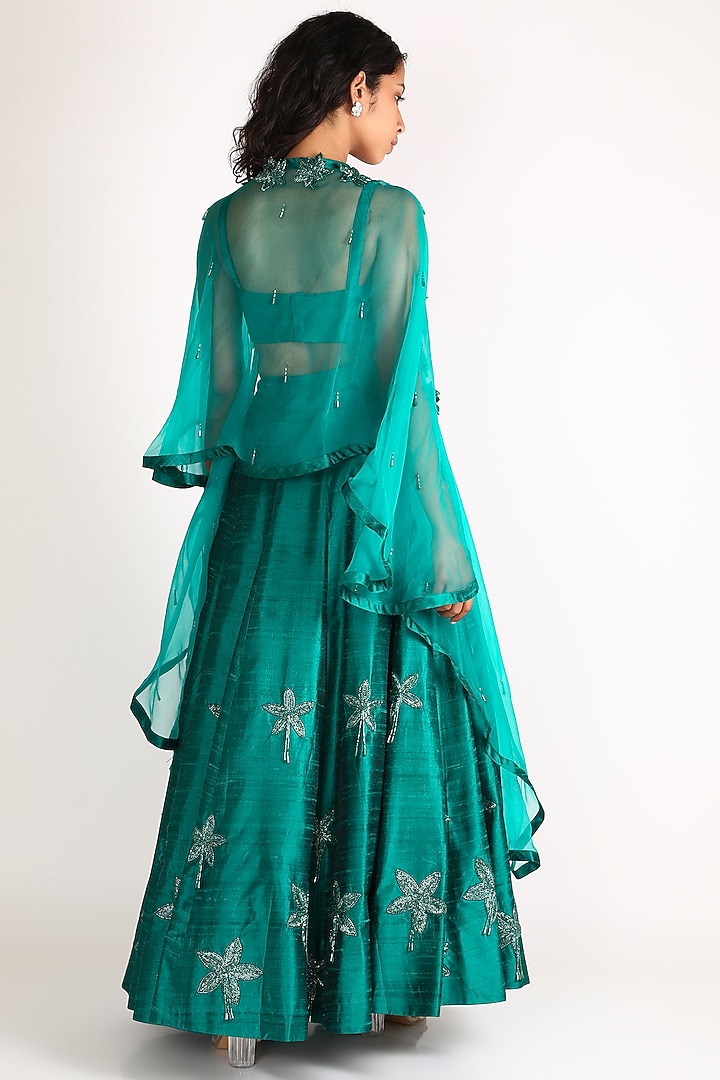 Turquoise Floral Embroidered Wedding Lehenga Set by Diksha Tandon at Pernia's Pop Up Shop