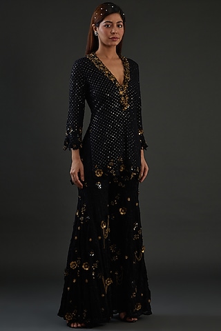 Black Georgette Embellished Sharara Set by Diksha Tandon
