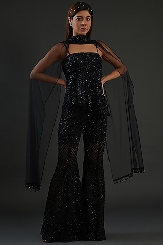 Black Net Hand Embroidered Sharara Set by Diksha Tandon