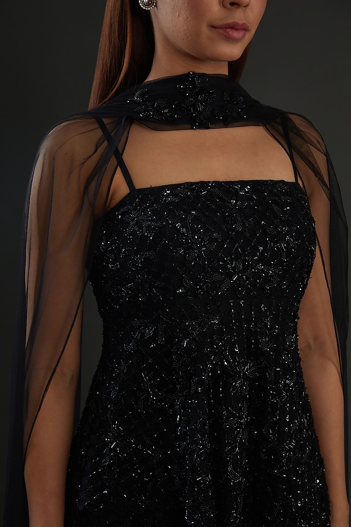 Black Net Hand Embroidered Bridal Sharara Set by Diksha Tandon at Pernia's Pop Up Shop