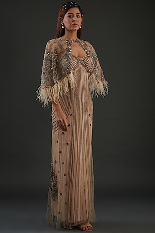 Peach Net Embroidered Gown by Diksha Tandon