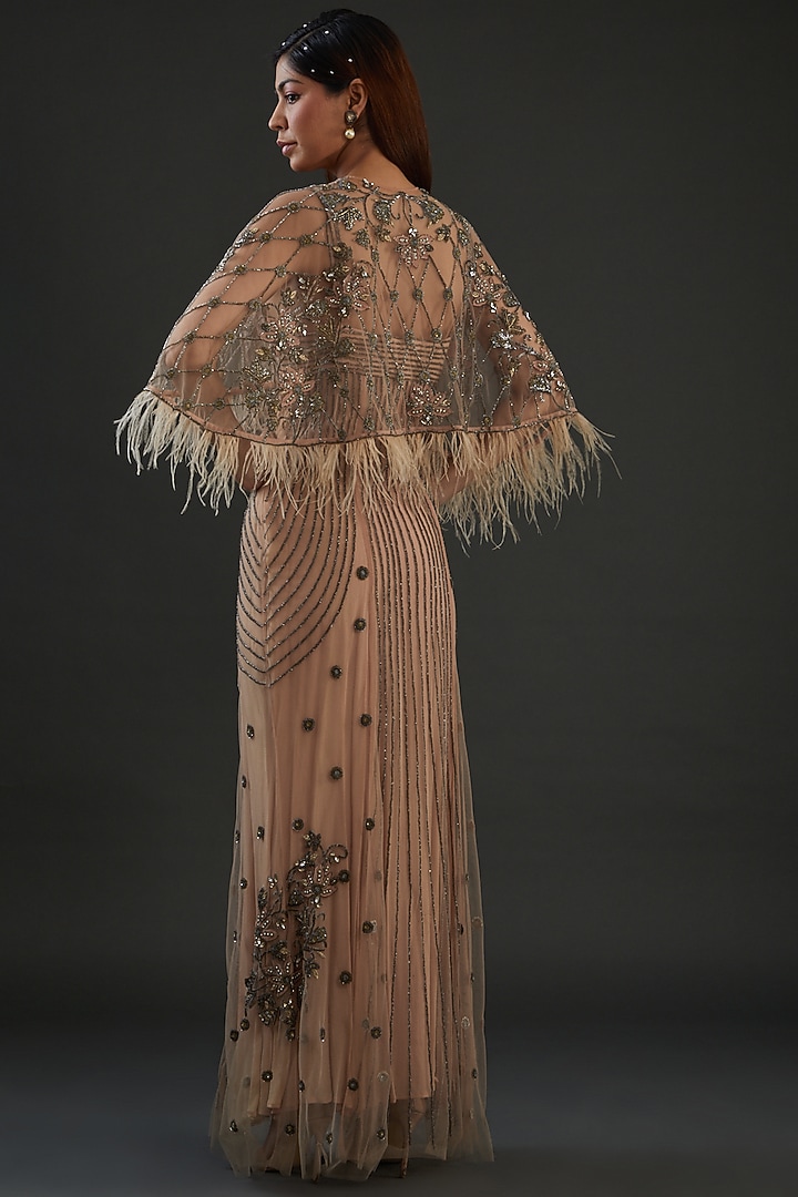 Peach Net Embroidered Wedding Gown by Diksha Tandon at Pernia's Pop Up Shop
