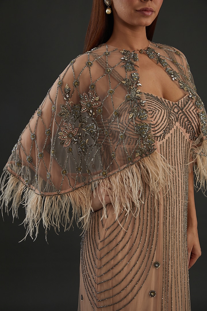Peach Net Embroidered Wedding Gown by Diksha Tandon at Pernia's Pop Up Shop